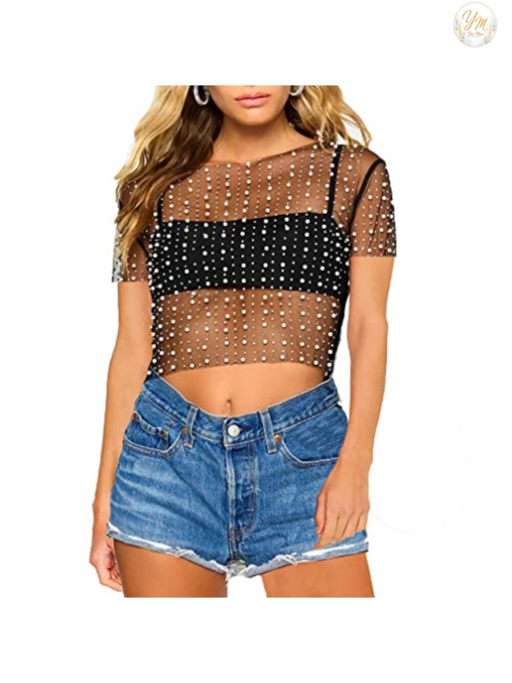 Women Sheer Mesh Pearl Rhinestone Crop Tee See Through Short Sleeve Cover Up